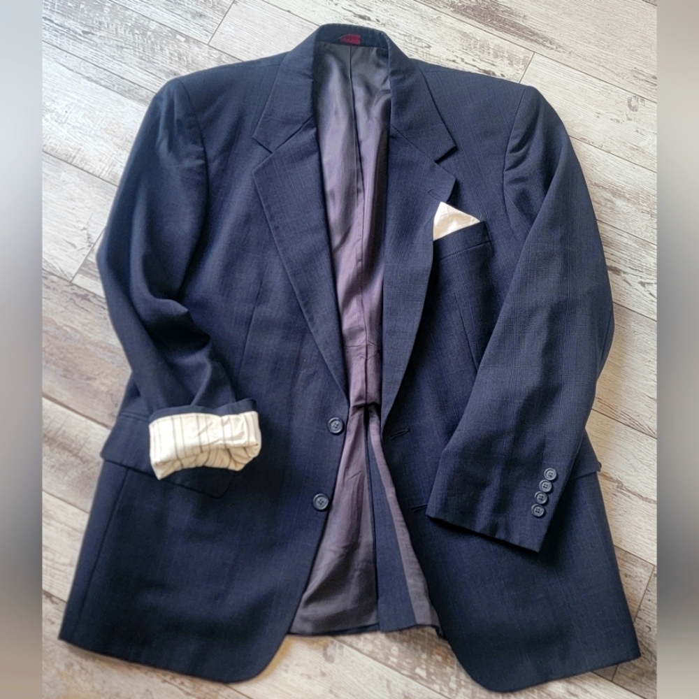 42R Men's BrookCraft Blazer Dark Blue 100% Virgin Wool Tartan 2 Button Sportcoat